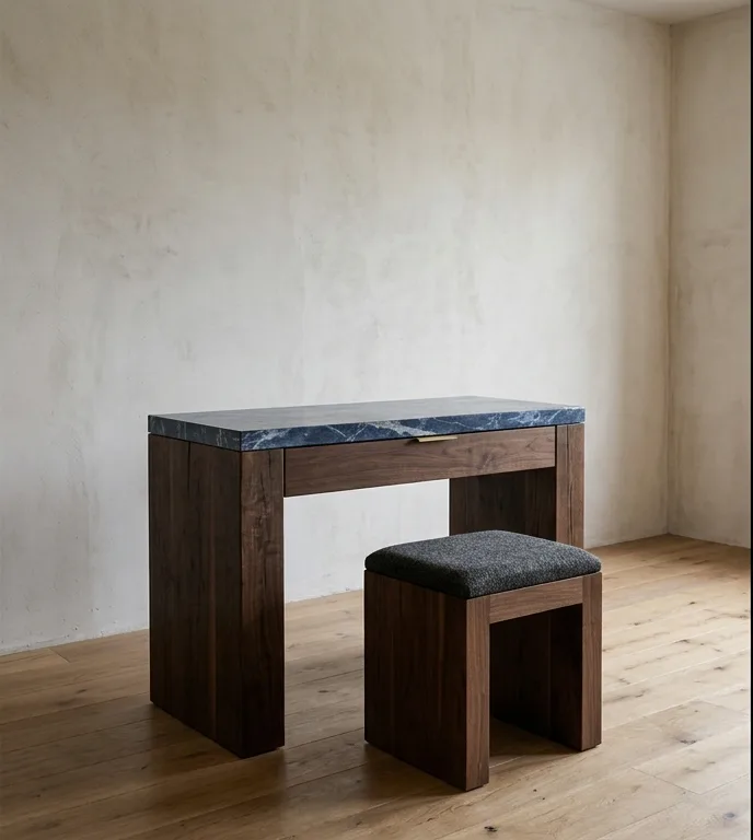 Dressing table with a blue-grey marble top on walnut slab legs, with a matching wool-topped stool, photographed against a plain plaster wall.