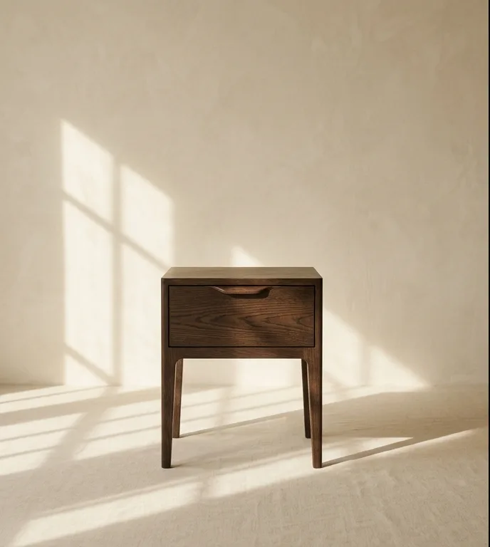 Single-drawer bedside table with an integrated wood pull on tapered legs, photographed against a plain plaster wall.