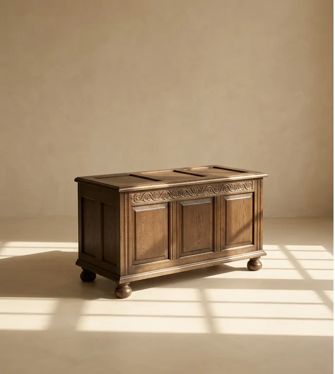 Panelled oak blanket chest with a carved frieze and turned bun feet, photographed against a plain plaster wall.
