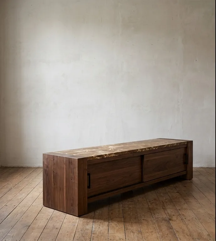 Long, low media console with a breccia marble top and two sliding walnut doors, photographed against a plain plaster wall.