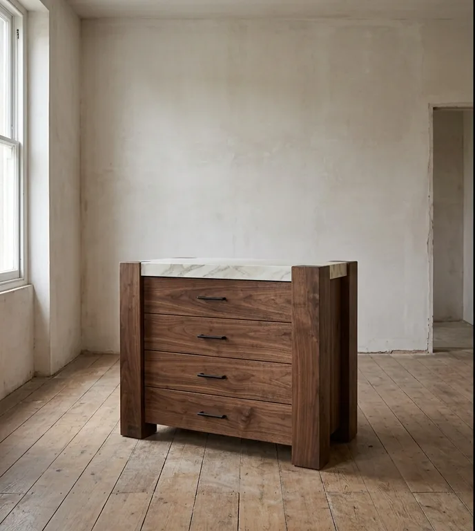 Four-drawer walnut chest with a Calacatta marble top, photographed against a plain plaster wall.