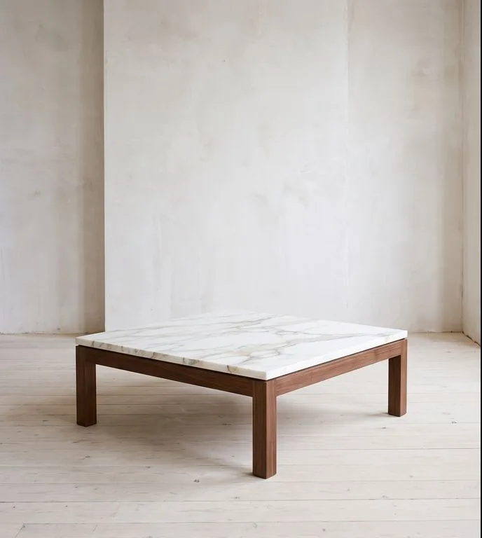 Rectangular Calacatta coffee table on solid walnut slab sides, photographed against a plain plaster wall.