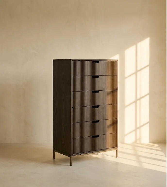 Six-drawer chest with reeded drawer fronts on slim bronze legs, photographed against a plain plaster wall.
