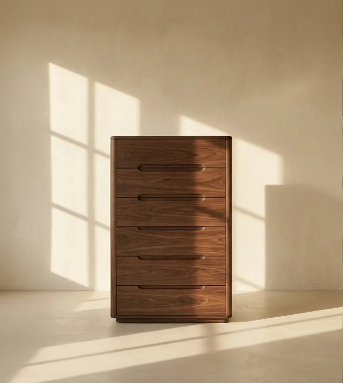 Six-drawer walnut chest of drawers with rounded corners, photographed against a plain plaster wall.