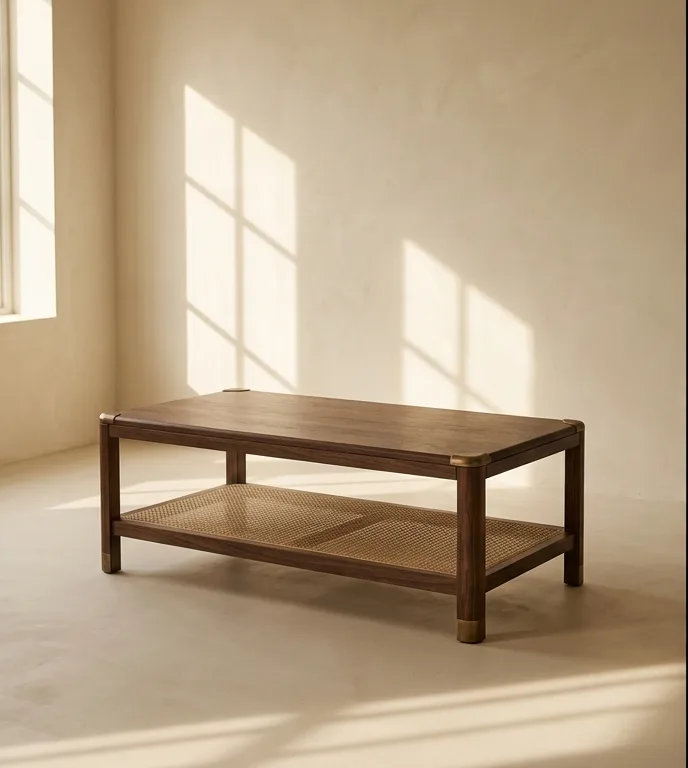 Low walnut coffee table with a woven cane lower shelf and brass corner caps, photographed against a plain plaster wall.