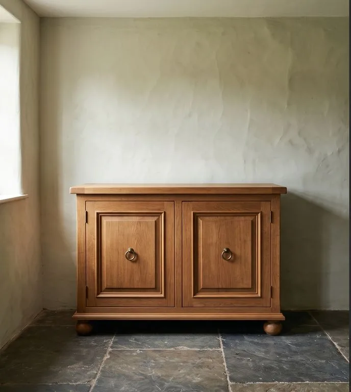 Four-door console cabinet with carved door fronts and turned ball feet, photographed against a plain plaster wall.