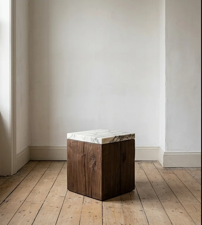 Solid walnut cube side table with an inset Calacatta top, photographed in a plain corner.