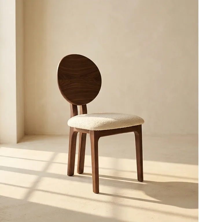 Dining chair with a round wood back panel and cream boucle seat, photographed against a plain plaster wall.