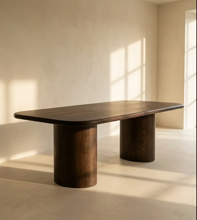 Dark-stained drum-leg dining table photographed against a plain plaster wall.