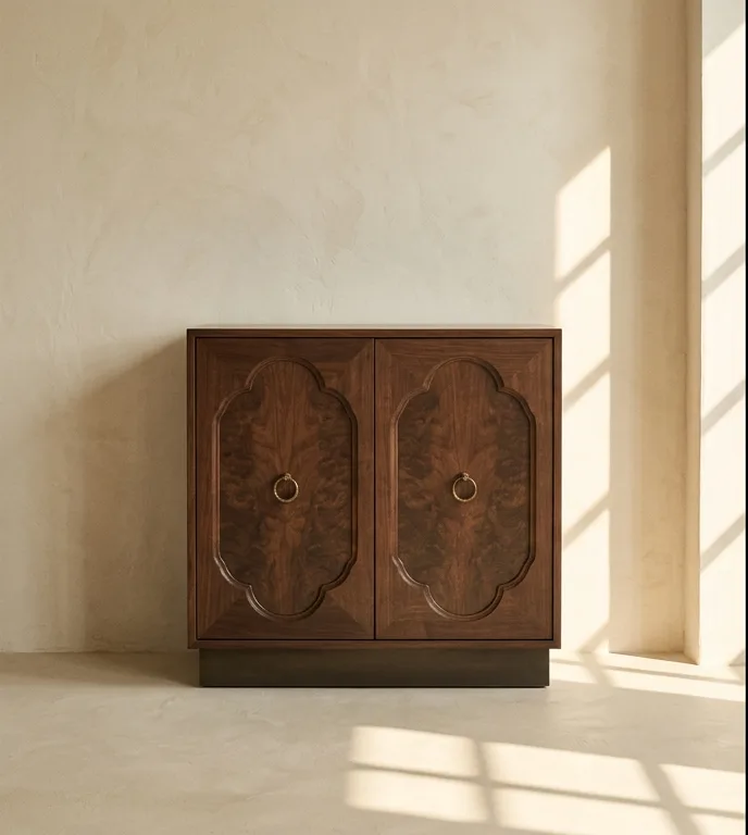 Two-door walnut drinks cabinet with scalloped door panels and brass ring pulls, photographed against a plain plaster wall.