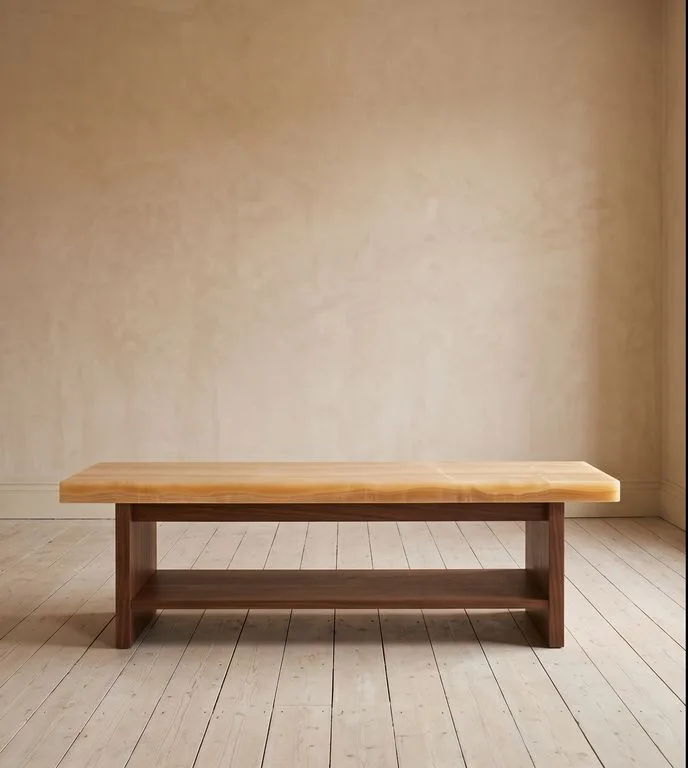 Hall bench with a honey onyx seat on a solid walnut frame with an open shelf beneath, photographed against a plain plaster wall.