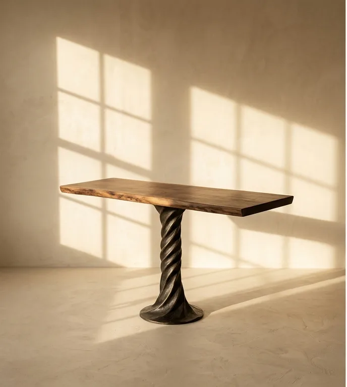 Narrow hall table with a live-edge wood top on a twisted metal pedestal, photographed against a plain plaster wall.