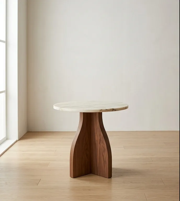 Round Calacatta side table on a curved walnut cruciform base, photographed against a plain wall.