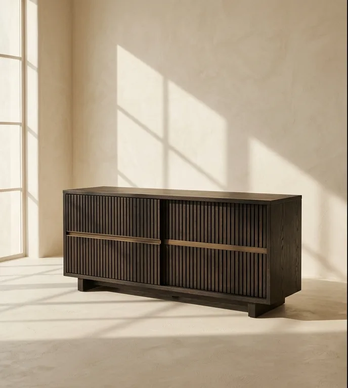 Long low console with vertically reeded door fronts and a brass bar pull, photographed against a plain plaster wall.