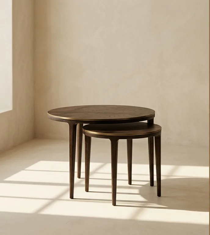 A nest of two round tables with brass-rimmed tops and tapered legs, photographed against a plain plaster wall.