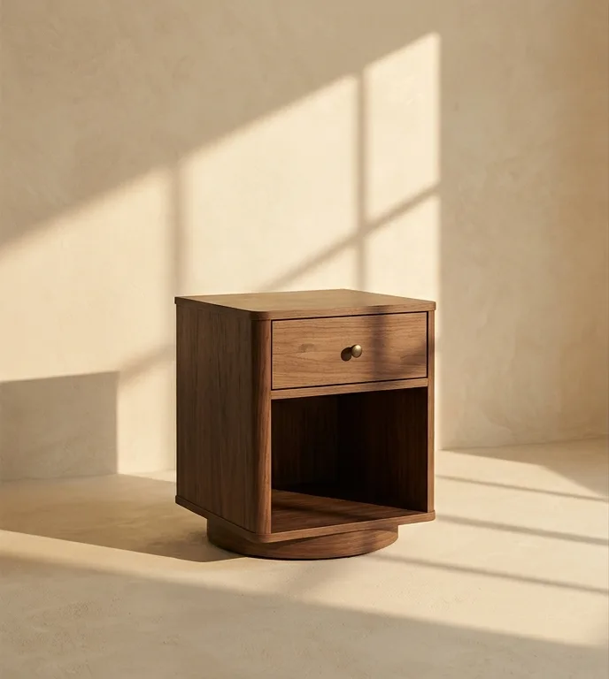 Nightstand with one drawer, an open shelf and a round wood plinth base, photographed against a plain plaster wall.