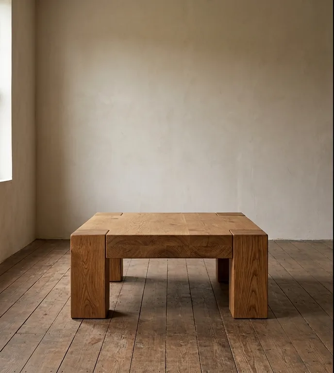 Square solid oak coffee table with exposed corner joints, photographed against a plain plaster wall.