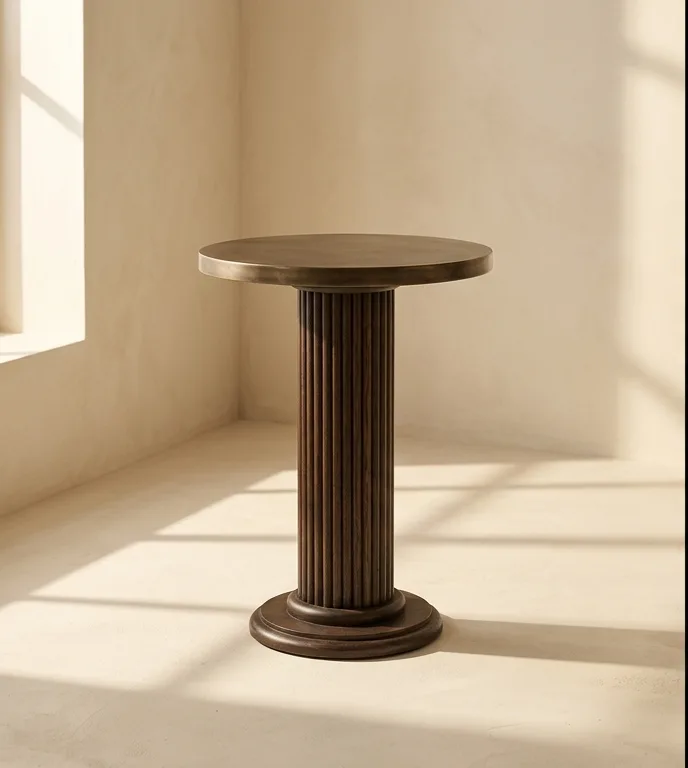 Round side table with a brass-rimmed top on a fluted wood pedestal, photographed against a plain plaster wall.