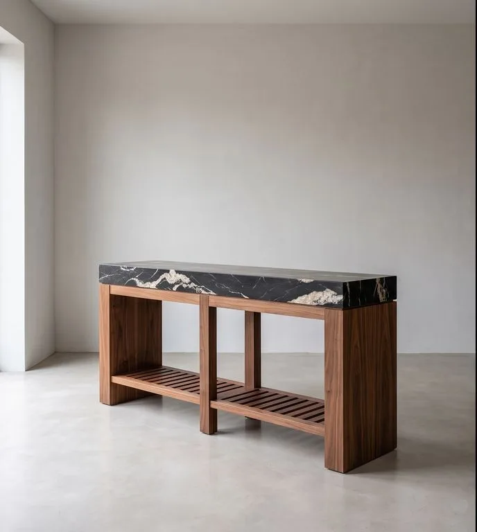 Long hall console with a black and gold Portoro marble top on four square walnut legs, photographed against a plain plaster wall.