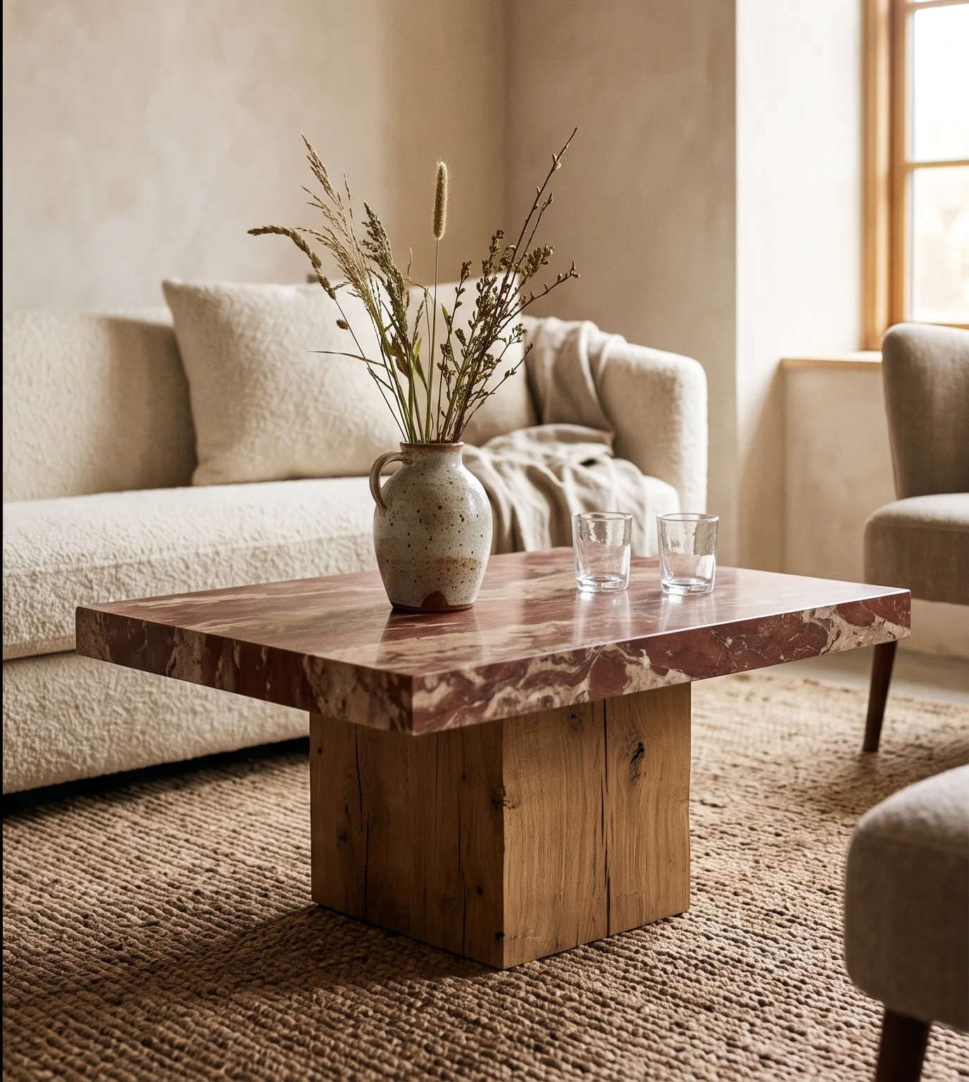 Close view of natural stone furniture material and construction