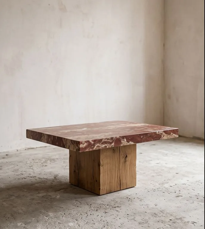 Square Rosso Levanto coffee table on a solid oak cube, photographed against a plain plaster wall.