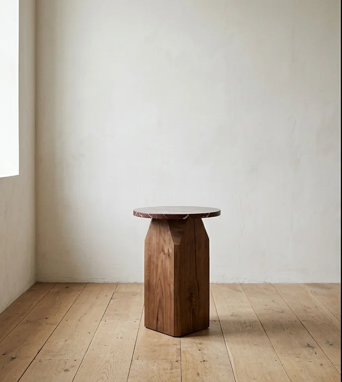 Round Rosso Levanto side table on a faceted walnut pedestal, photographed against a plain plaster wall.