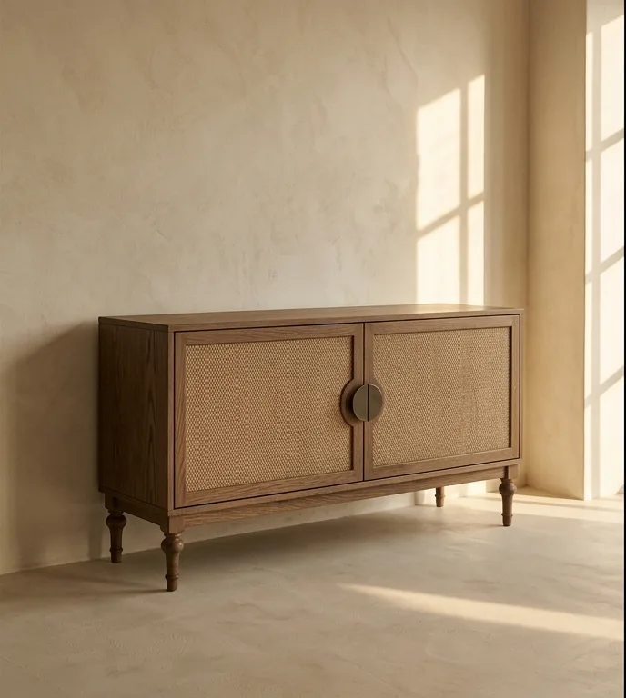 Fumed oak sideboard with two woven cane door fronts on turned legs, photographed against a plain plaster wall.