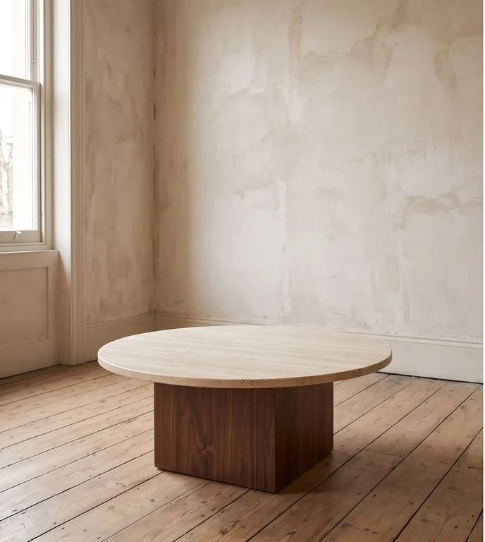 Round travertine coffee table on a square walnut plinth, standing on bare boards against unfinished plaster.