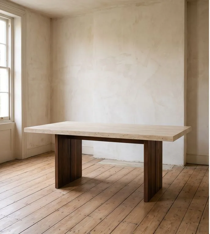 Rectangular travertine dining table on solid walnut slab ends, in an empty room with bare floorboards.