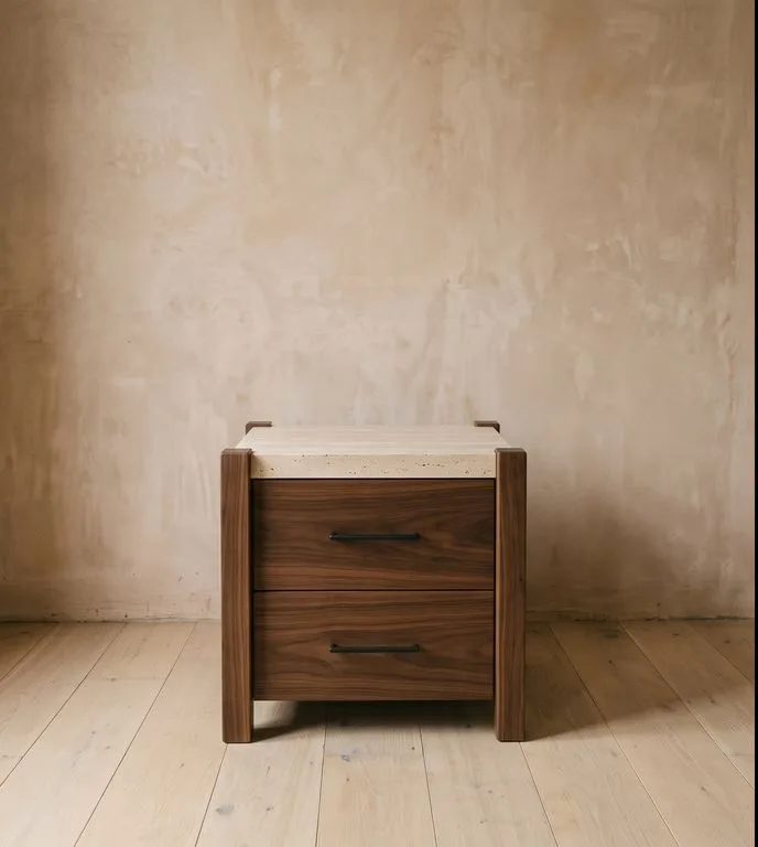 Bedside cabinet with a travertine top and a solid walnut carcass, two drawers and blackened steel pulls.