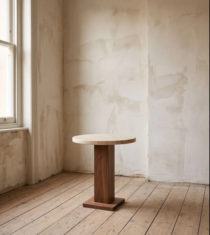 Round travertine side table on a square walnut column, in an empty room with bare floorboards.
