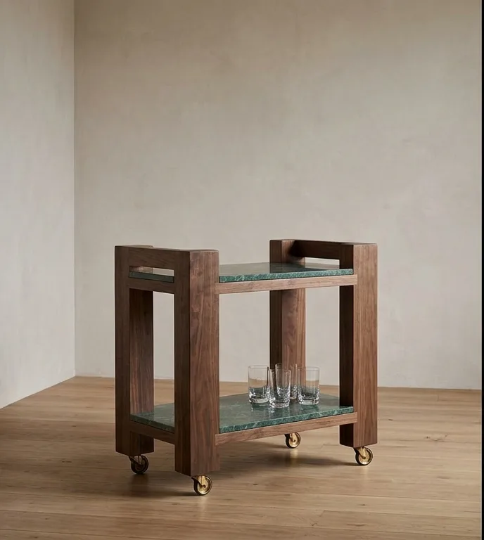 Two-tier bar cart with Verde Alpi shelves in a solid walnut frame on brass castors, photographed against a plain plaster wall.