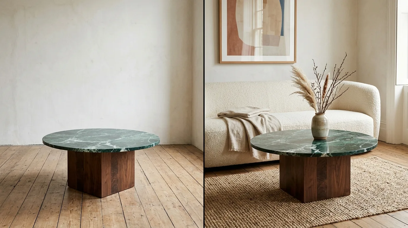Studio and room views of a Verde Alpi marble coffee table