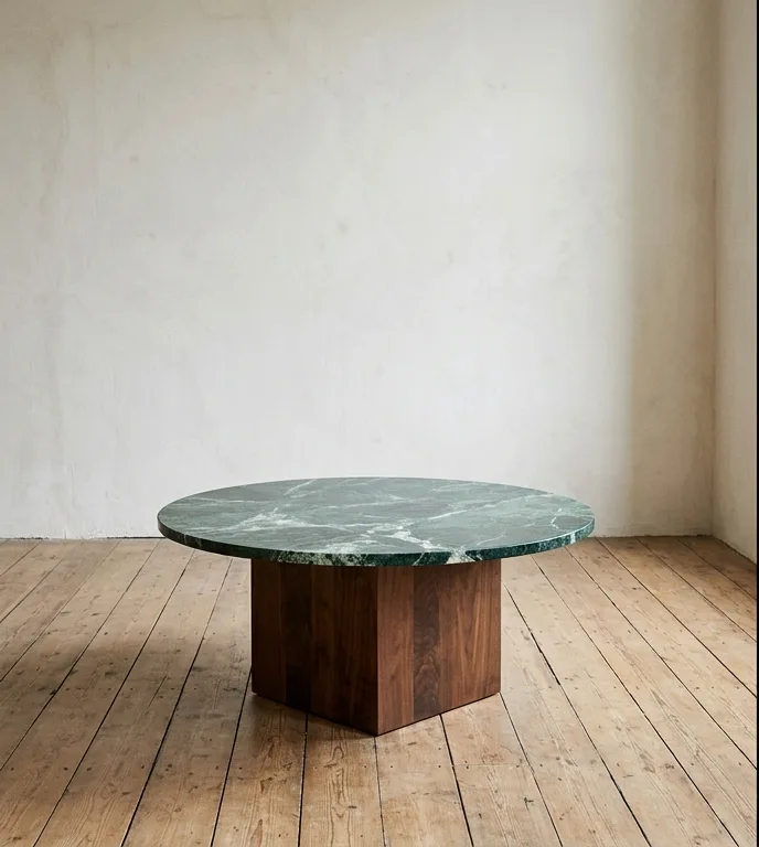 Round Verde Alpi coffee table on a square walnut plinth, photographed against a plain plaster wall.