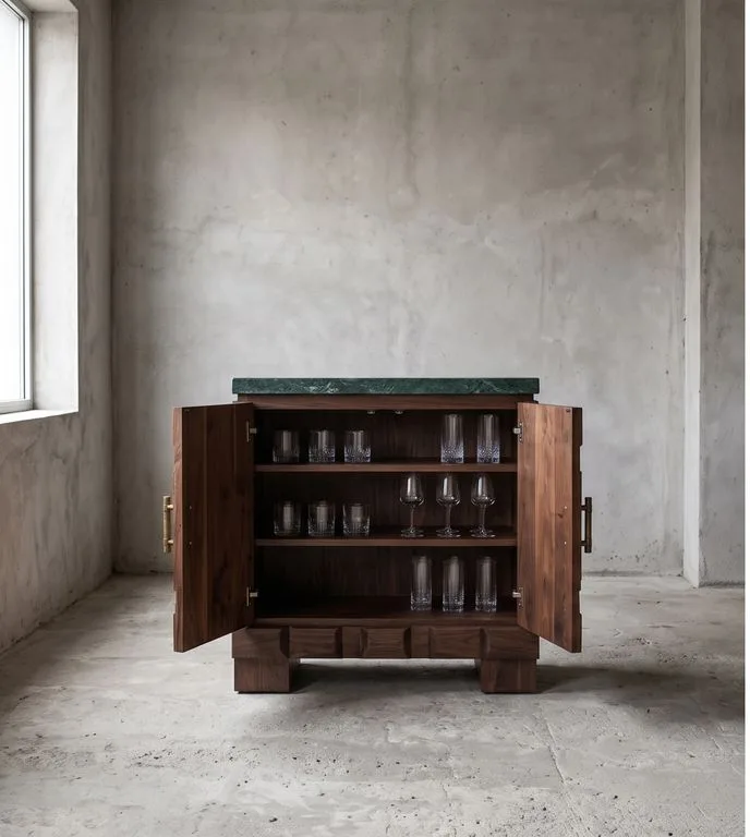 Drinks cabinet with a Verde Alpi top and relief-carved walnut doors standing open on three shelves of glassware, photographed against a bare concrete wall.