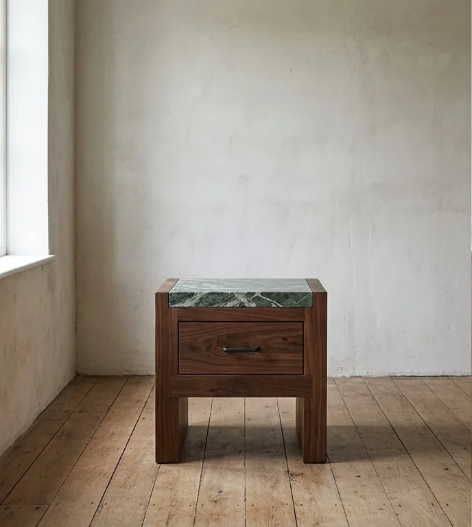 Single-drawer walnut nightstand with a Verde Alpi top, photographed in a plain corner.