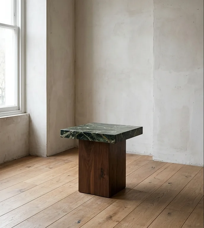 Square Verde Alpi side table on a solid walnut column, photographed against a plain plaster wall.
