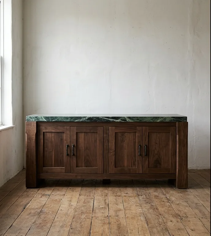 Four-door walnut sideboard with a Verde Alpi top on heavy corner uprights, photographed against a plain plaster wall.