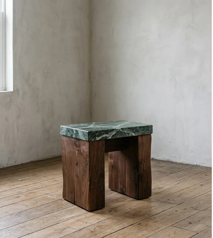 Low stool with a Verde Alpi marble seat on four heavy walnut legs, photographed against a plain wall.