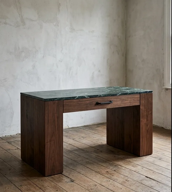 Writing desk with a Verde Alpi top and one wide drawer on solid walnut slab legs, photographed against a bare plaster wall.