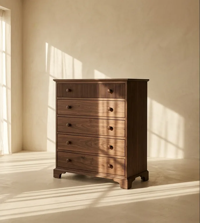 Five-drawer walnut chest with a reeded top drawer and turned knobs, photographed against a plain plaster wall.