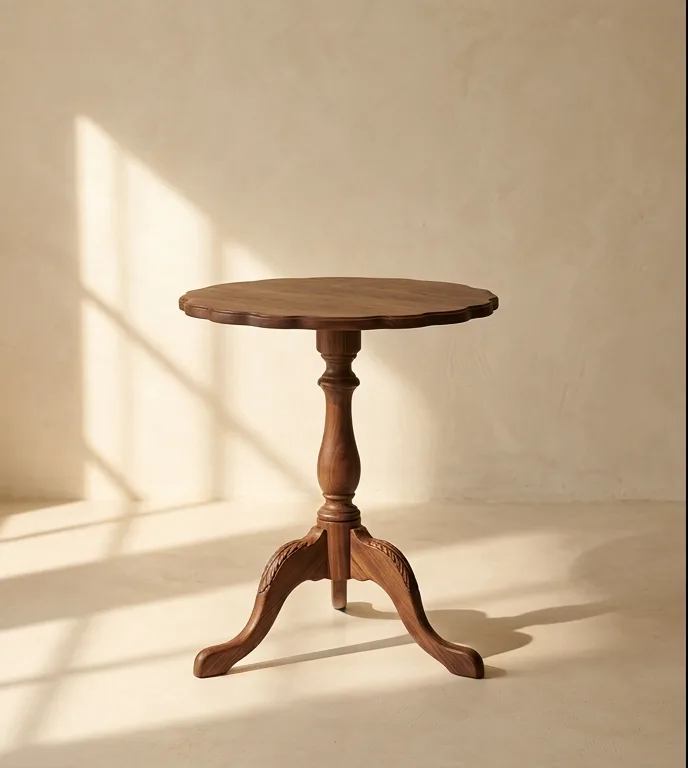 Round walnut side table with a scalloped edge on a turned pedestal and carved tripod legs, photographed against a plain plaster wall.
