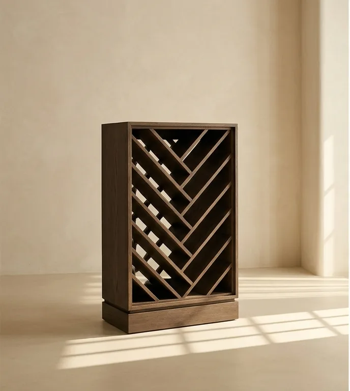 Tall narrow wine cabinet with a diagonal chevron lattice front, photographed empty against a plain plaster wall.